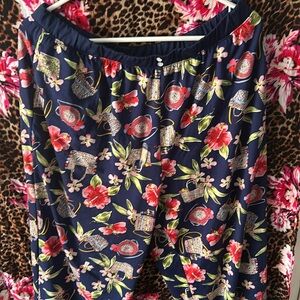 Hawaiian pajama pants, spandex, and polyester